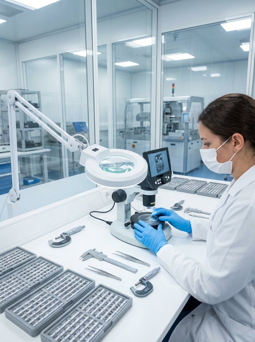 Technician inspecting orthodontic brackets under a magnifier in a precision quality-control lab