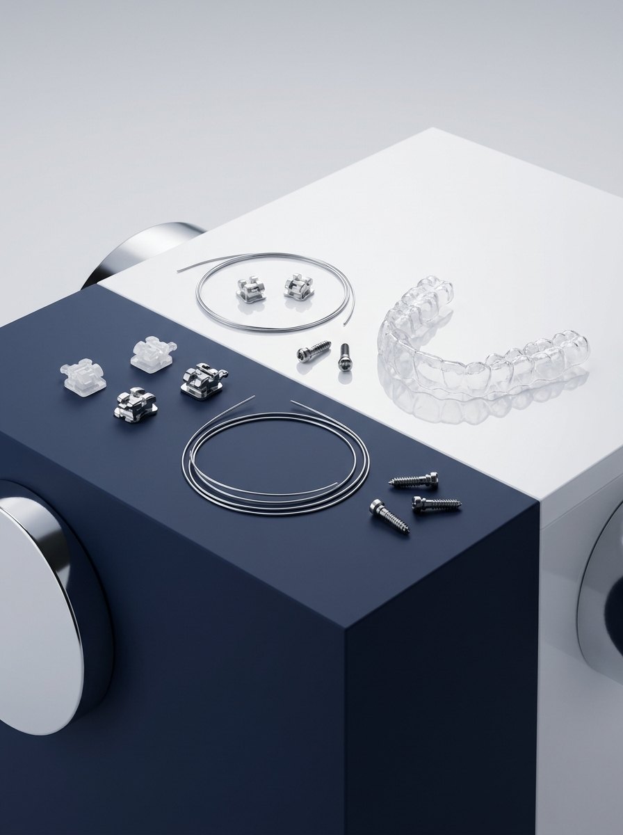 Premium orthodontic product lineup: brackets, archwires, mini screws and a clear aligner